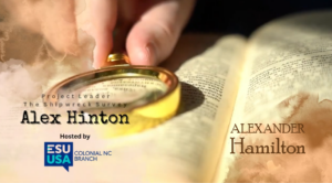 hand lens hovers over text Alex Hinton on Alexander Hamilton