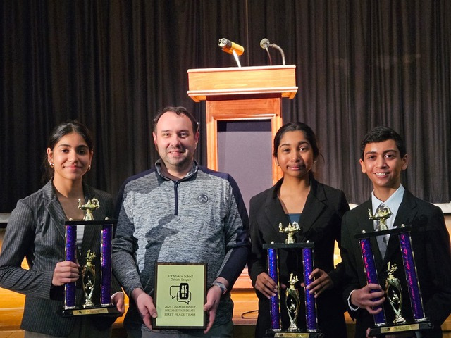 Middle School Debate Connecticut Championship Tournament, April 2024 - Middlebrook Middle School, Wilton - First Place Team with Coach Mike Panoli, eighth grade Social Studies Teacher