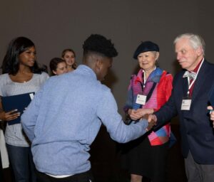 National Shakespeare Competition Presenting Donors Dr. Loveday Conquest and Mr. Fred Kleinschmidt presenting Semi-Finalists with their certificates